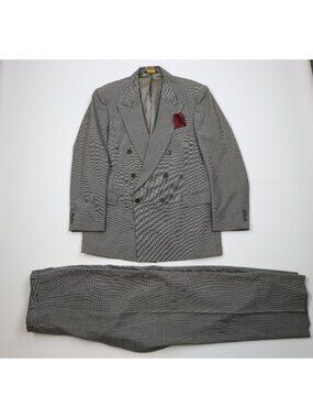 Vtg 80s 90s Mens 46L 2 Piece Double Breasted Suit Wedding Houndstooth 38x32 USA